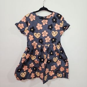 Mini Rodini Blue Dress with Pink and Black Floral Pattern